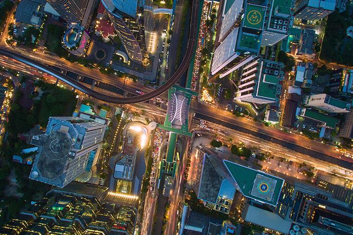 An aerial image of a burgeoning smart city.