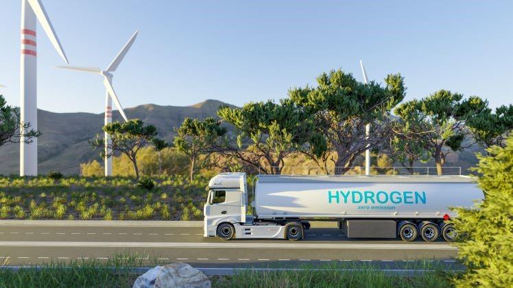 hydrogen truck driving along a road